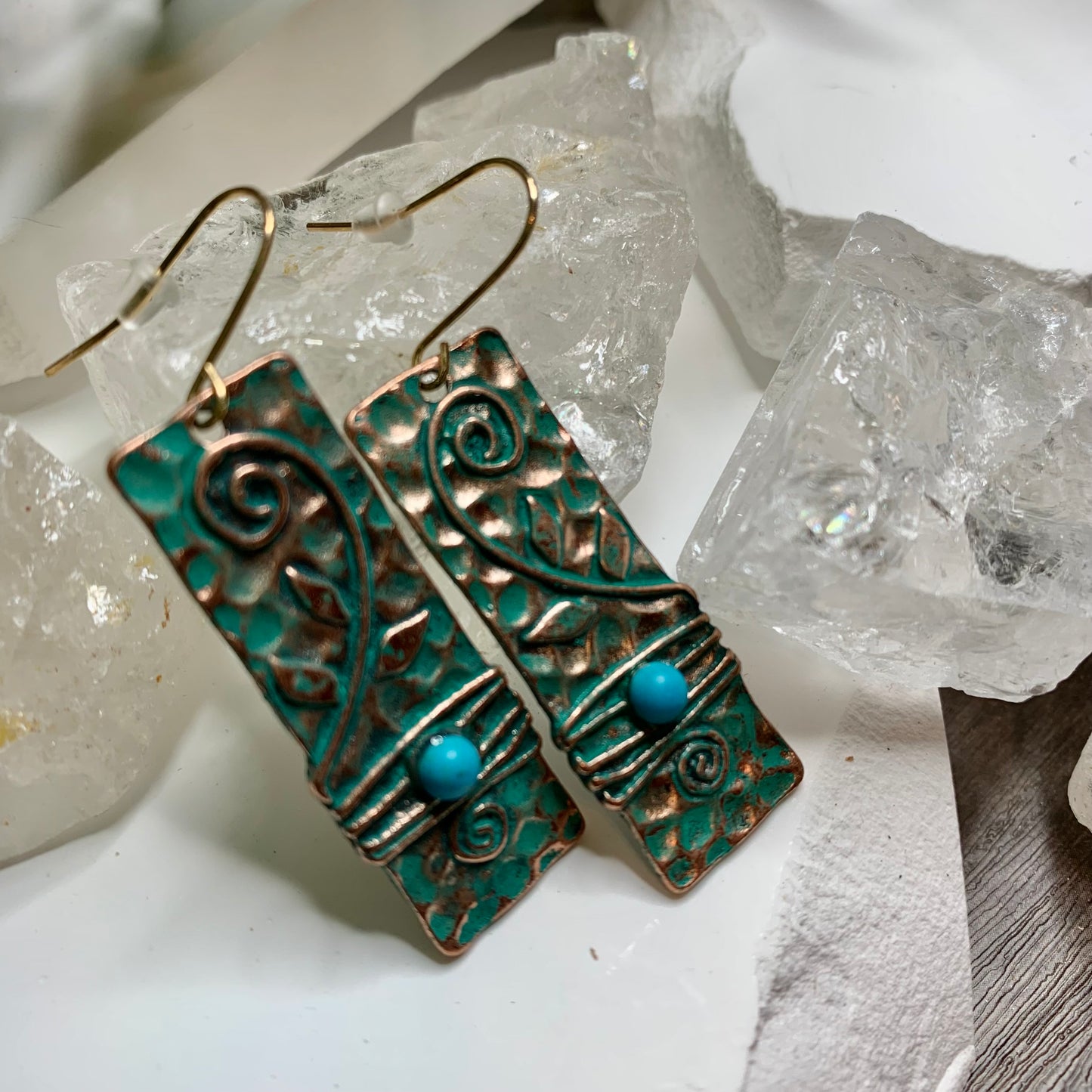 Earrings | Boho Inspired Leaf & Vine Hammered Copper & Turquoise Earrings | Cute Costume Jewelry