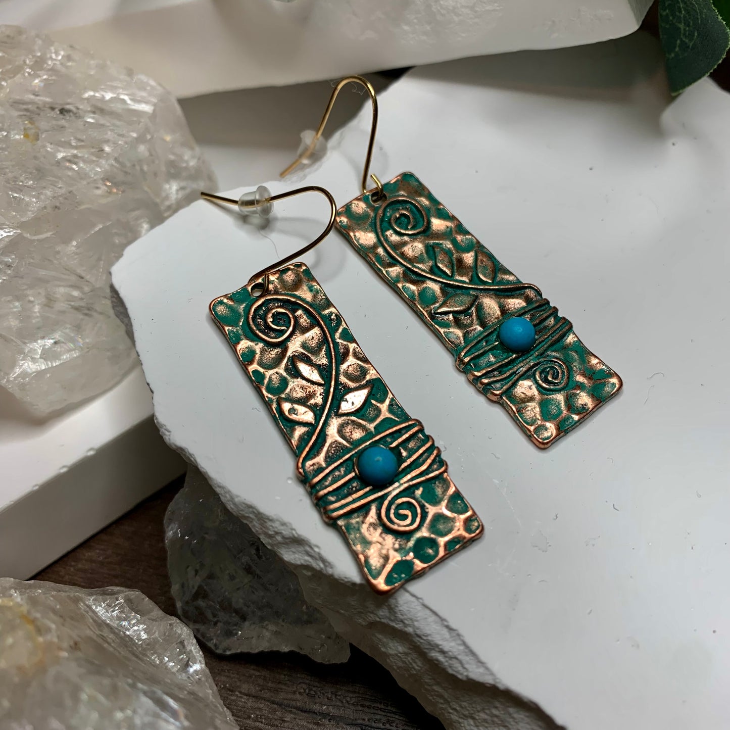 Earrings | Boho Inspired Leaf & Vine Hammered Copper & Turquoise Earrings | Cute Costume Jewelry