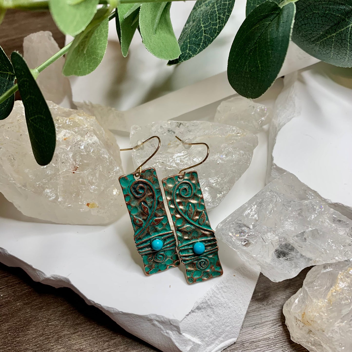 Earrings | Boho Inspired Leaf & Vine Hammered Copper & Turquoise Earrings | Cute Costume Jewelry