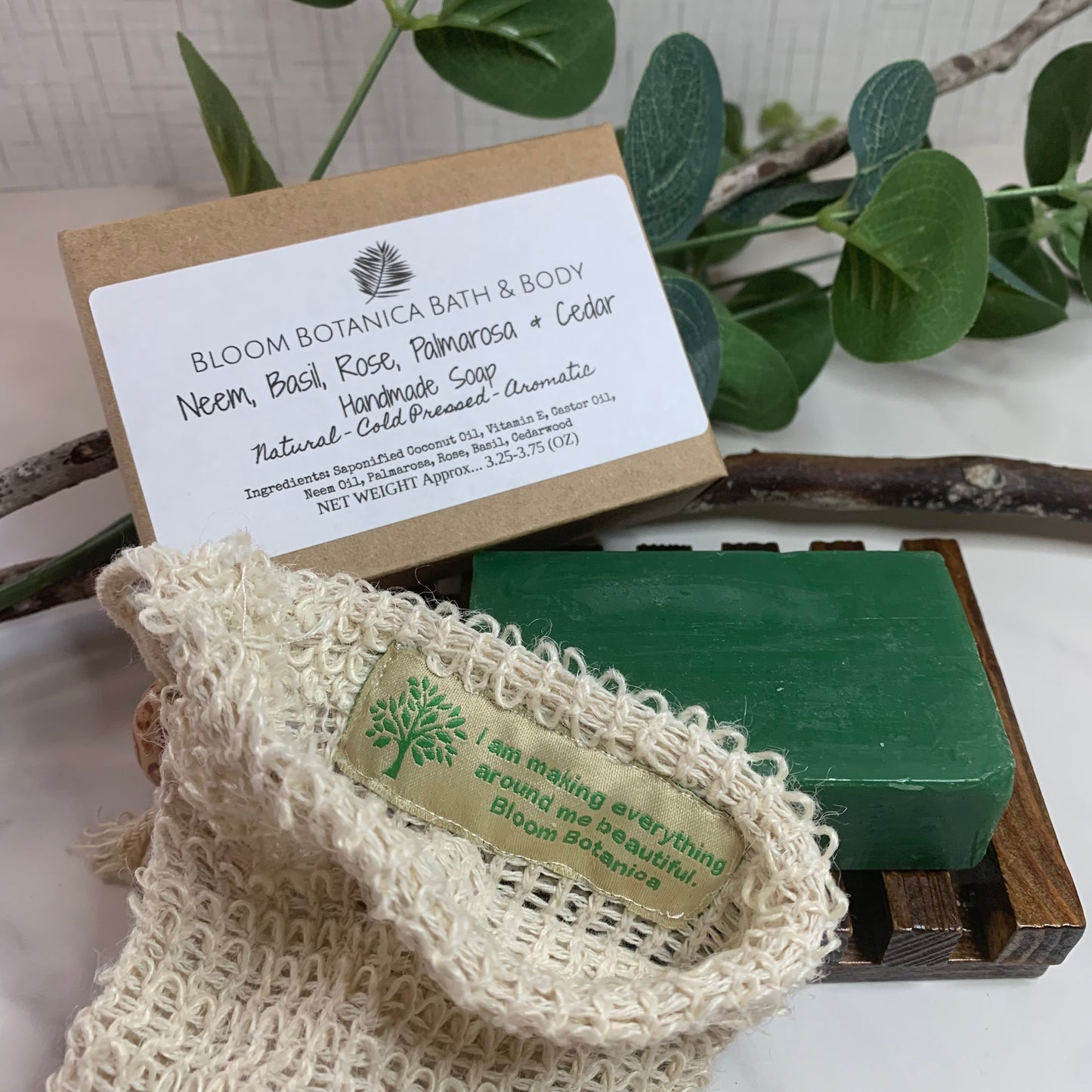 Neem Basil Rose Palmarosa & Cedarwood Soap | All Natural | Comes With Free Ramie Soap Bag