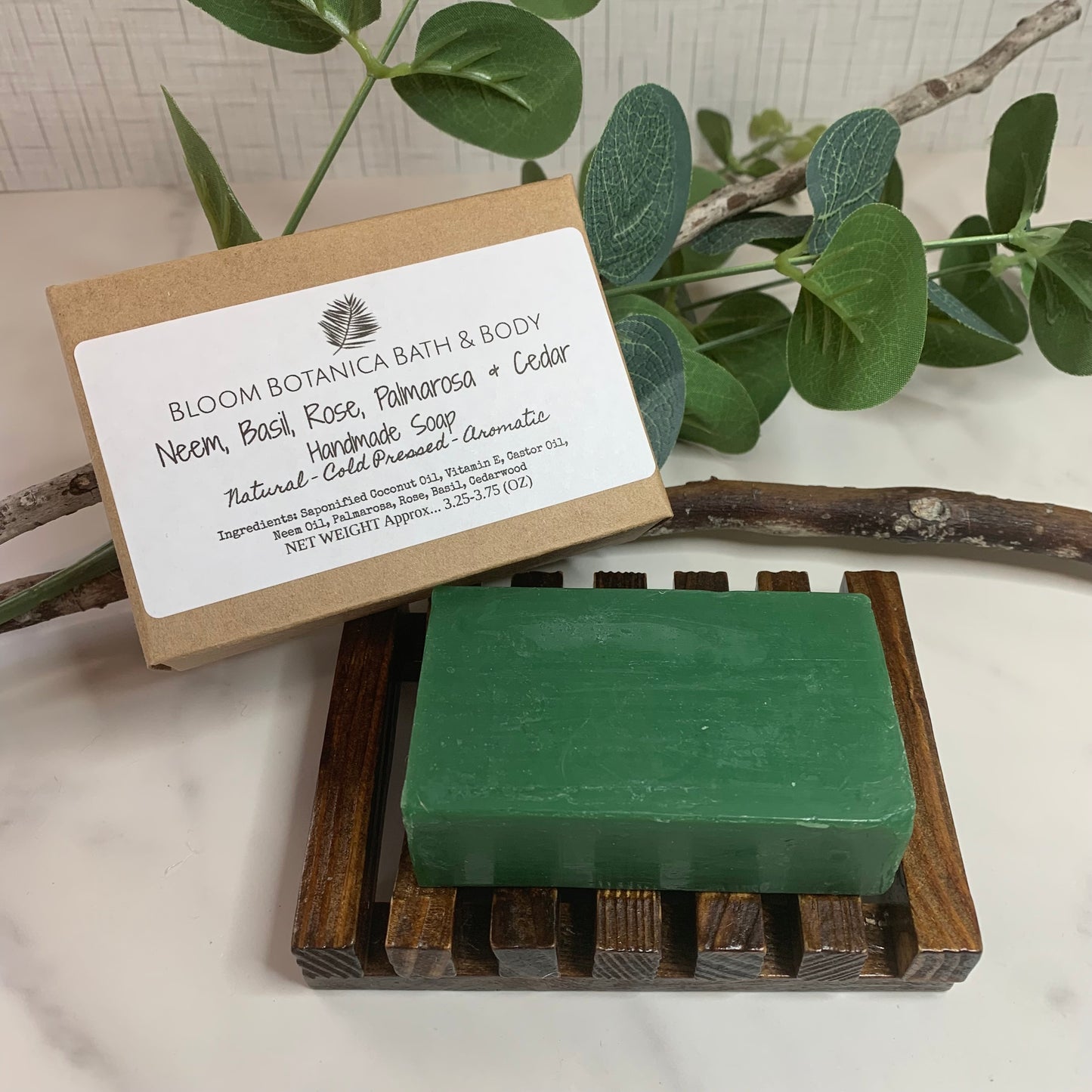 Neem Basil Rose Palmarosa & Cedarwood Soap | All Natural | Comes With Free Ramie Soap Bag