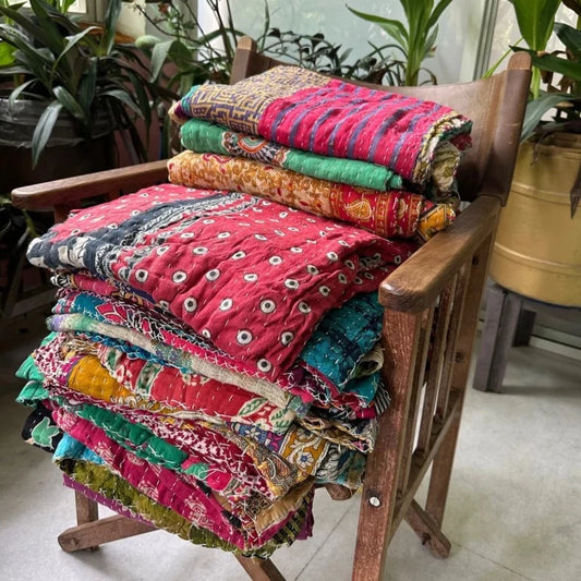 Handmade Kantha Vintage Upcycled Throws from India | 100% Cotton | Colorful & Reversible | One Of A Kind