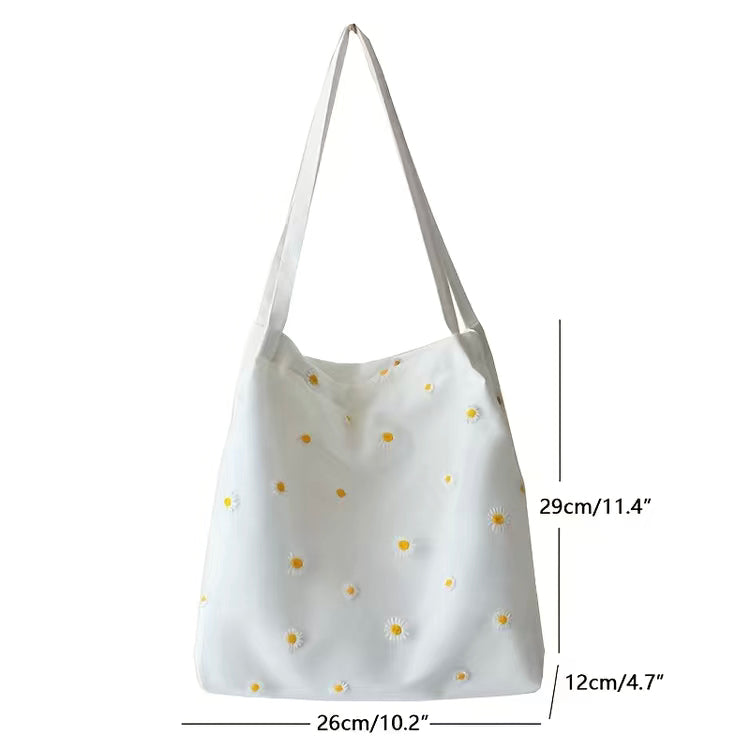 Handbag | Canvas Tote | Embroidered Daisies | 100% Cotton | Purse