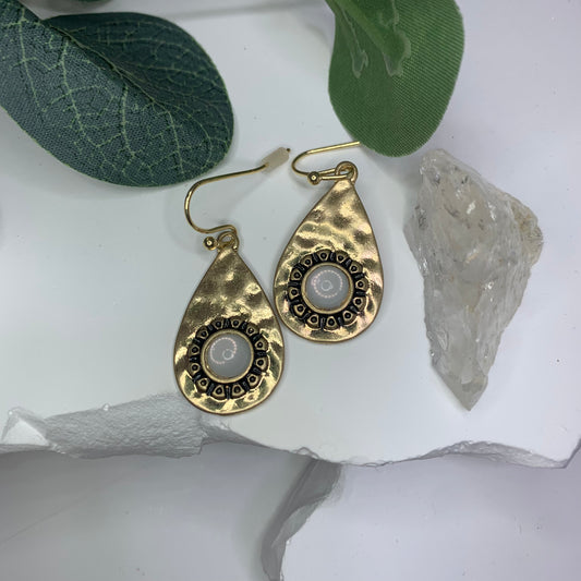 Earrings 14KT Gold Plated | Vintage Hammered Teardrop Earrings with Manmade Opal