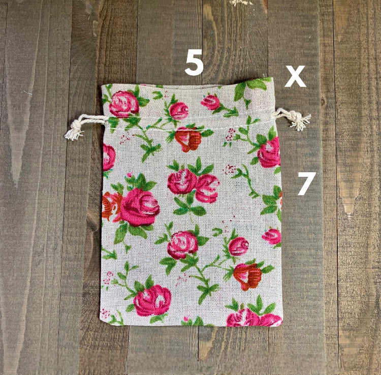 Gift Bags | Rose Pattern Set of 4 Size 5 x 7 | Burlap Drawstring Bags | Party Supplies