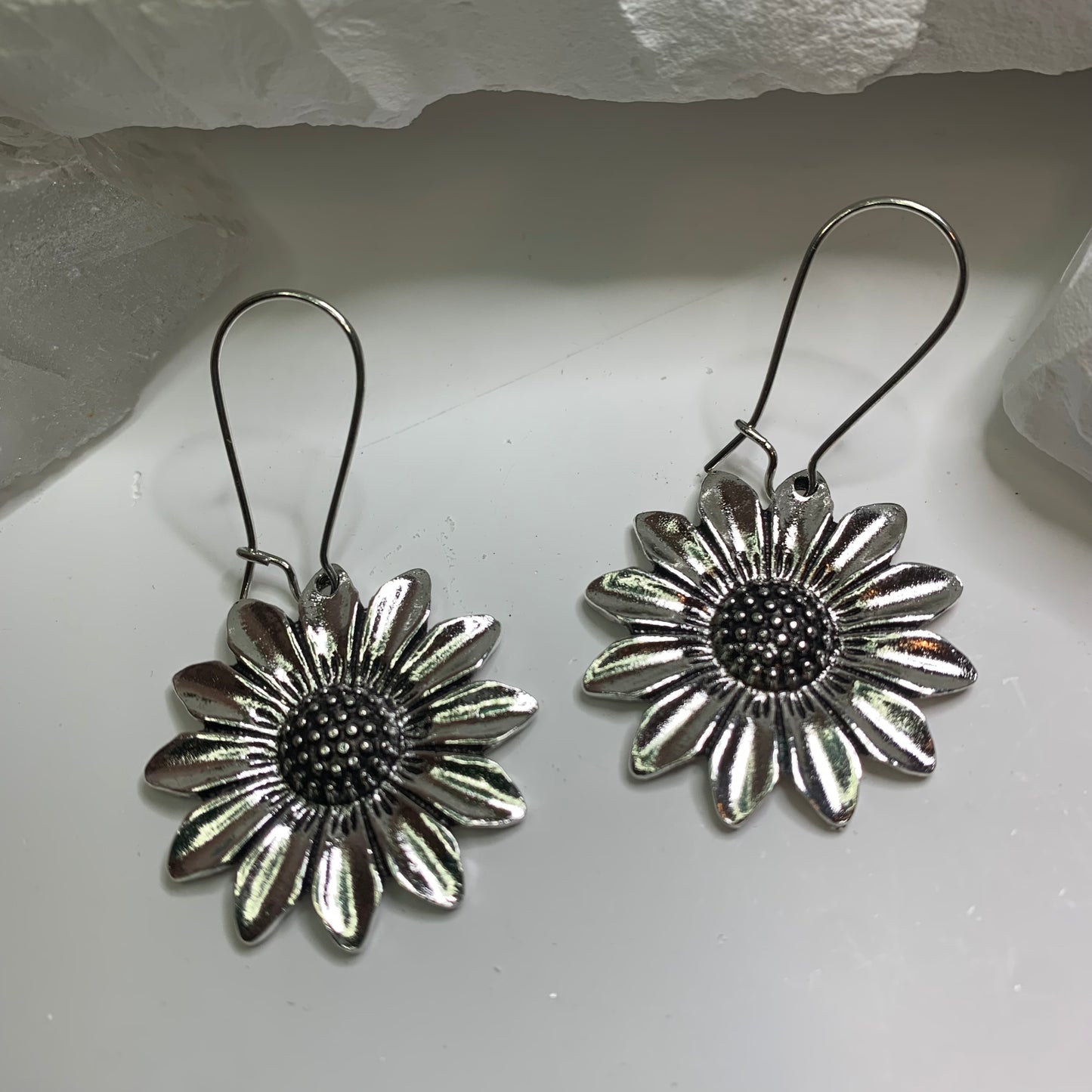 Earrings | Silver Daisy Sunflower Boho Inspired Flower Earrings | Quality Costume Jewelry