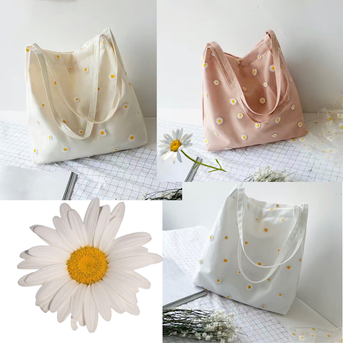 Handbag | Canvas Tote | Embroidered Daisies | 100% Cotton | Purse