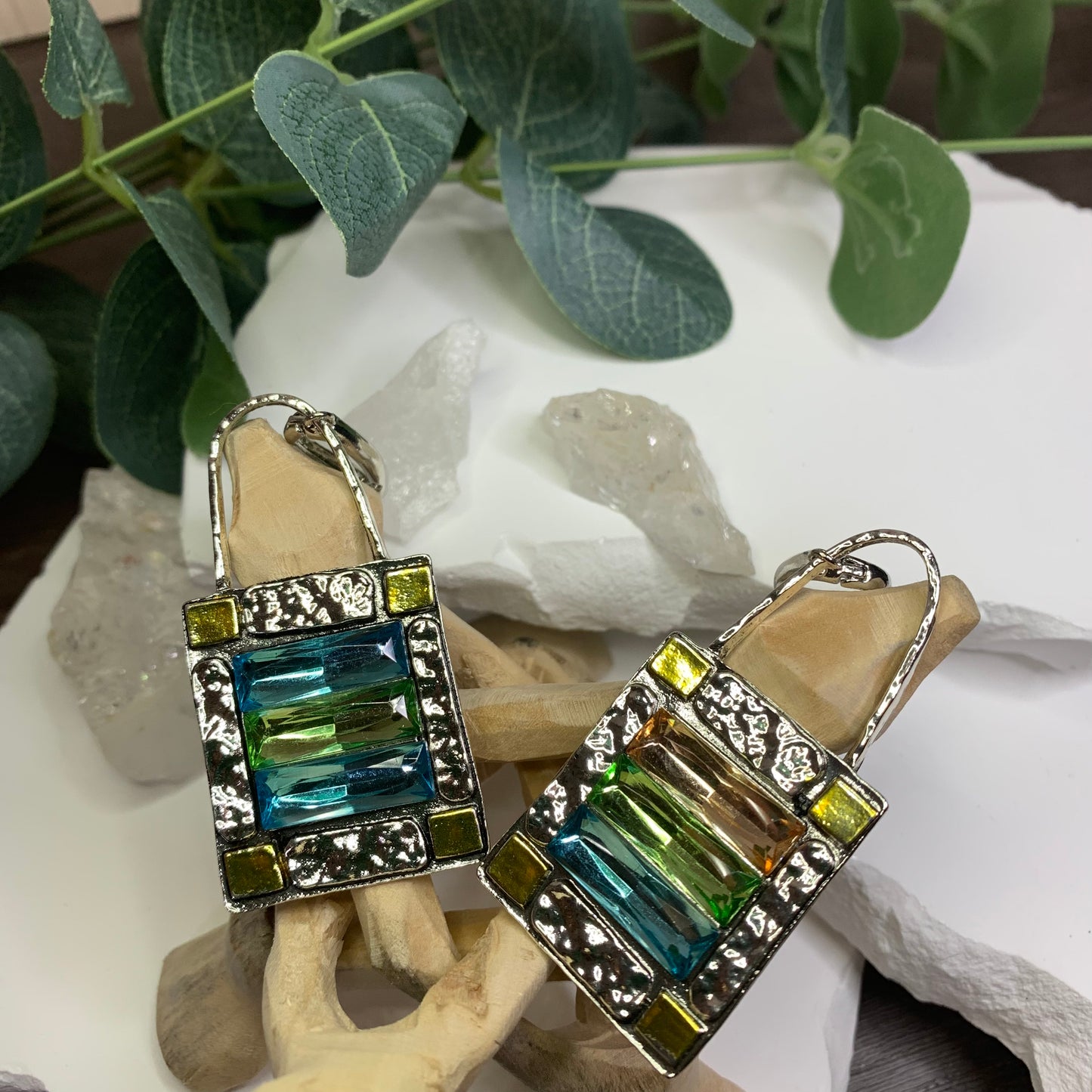 Earrings | Beautiful Stones | Silver & Gold Hammered Earrings | Boho Jewelry