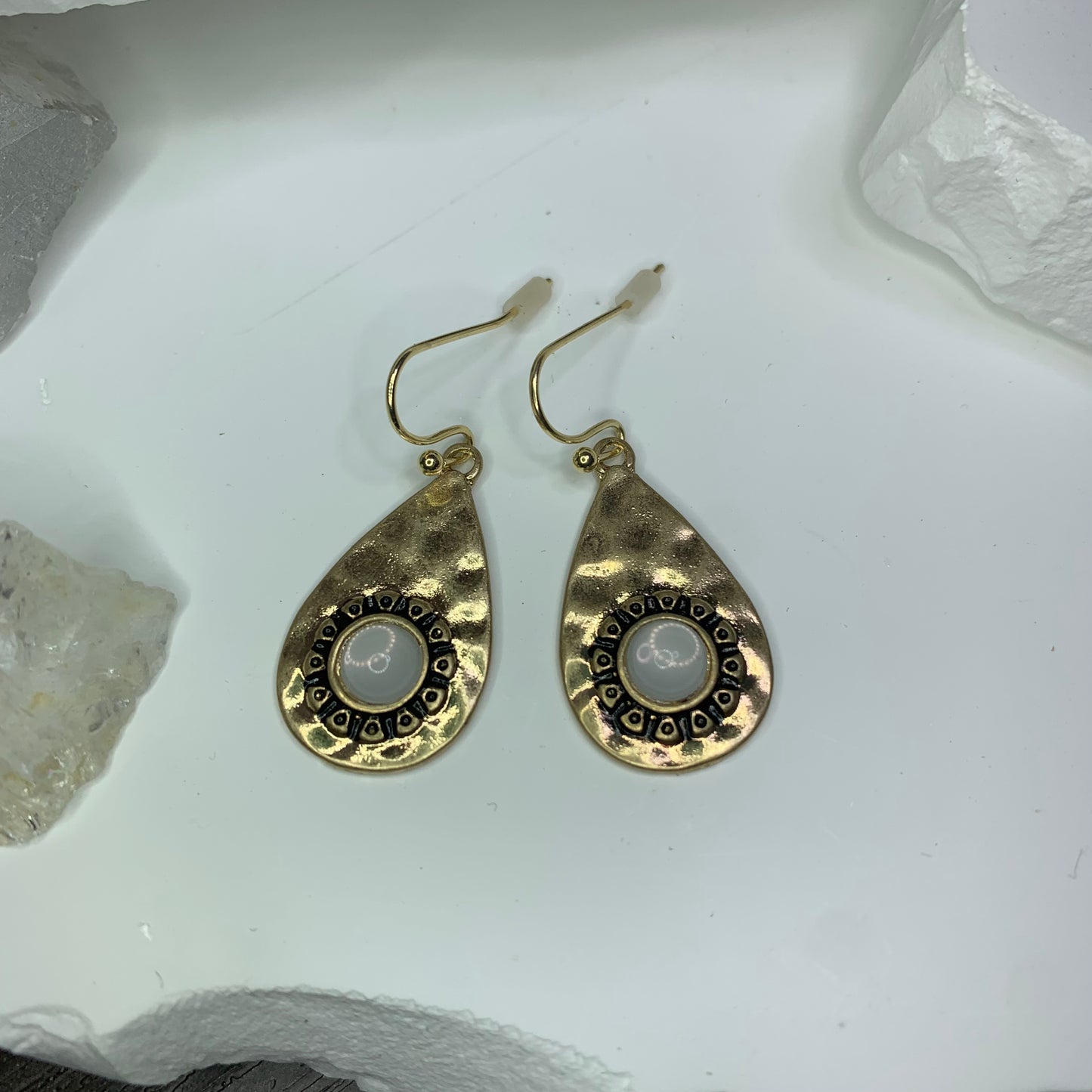 Earrings 14KT Gold Plated | Vintage Hammered Teardrop Earrings with Manmade Opal