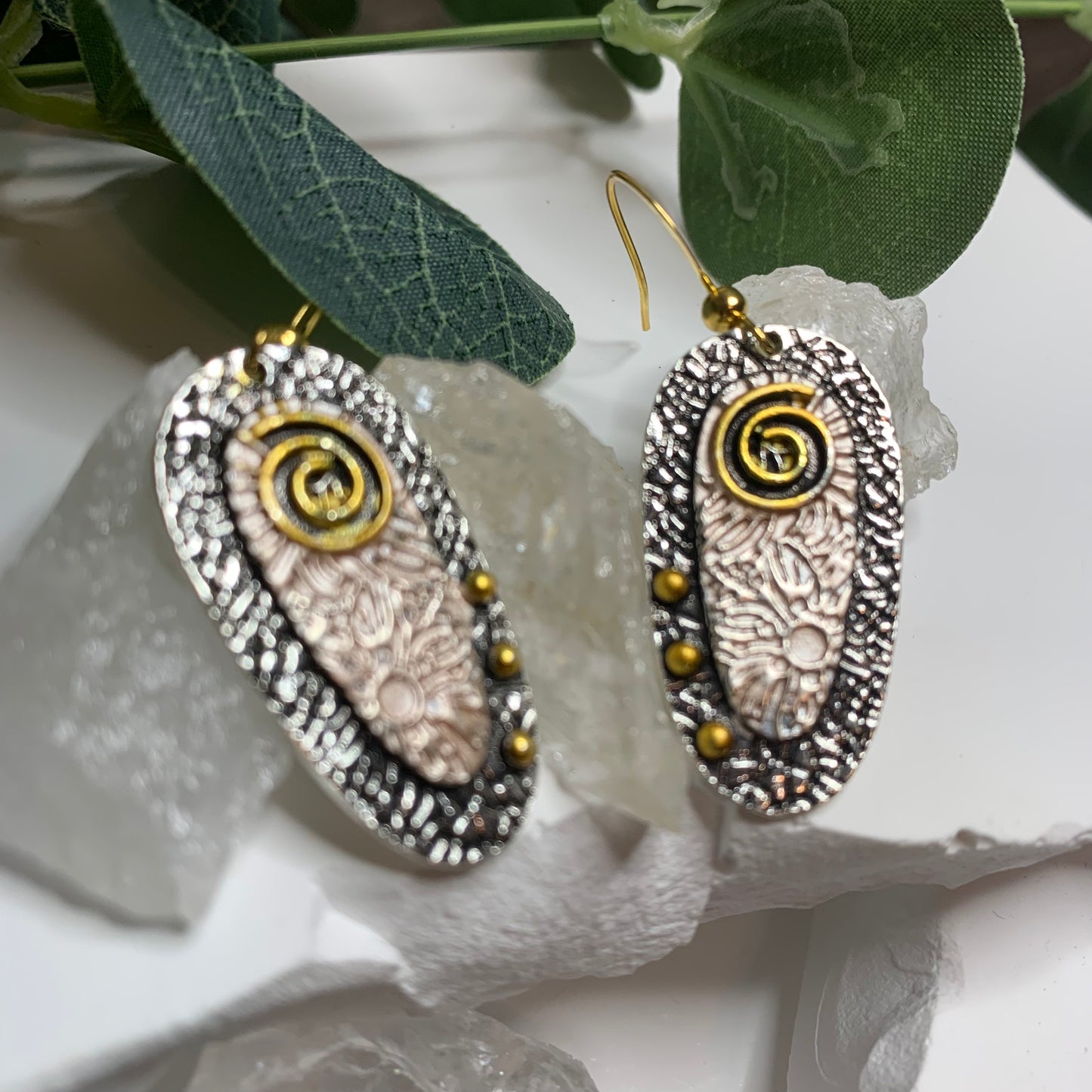 Earrings | Danty & Unique | Hammered Gold & Silver | Engraved Wiith Flowers | Boho Jewelry