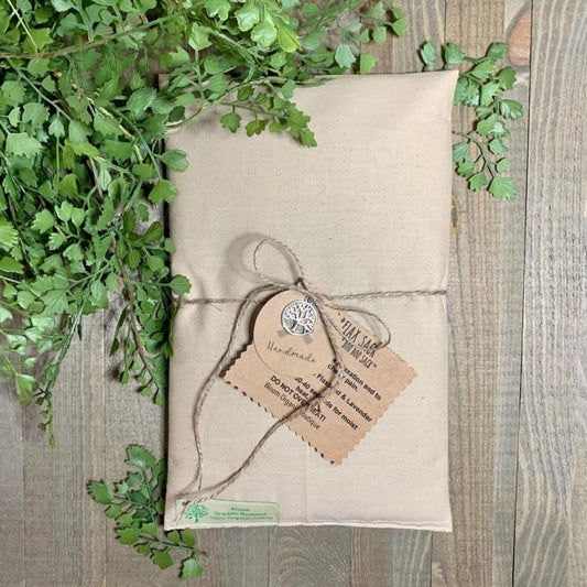 a 10X6 organic cotton flaxseed sack filled with peppermint and eucalyptus leaves. This is called the Headache sack. Place in the freezer to relieve pain.