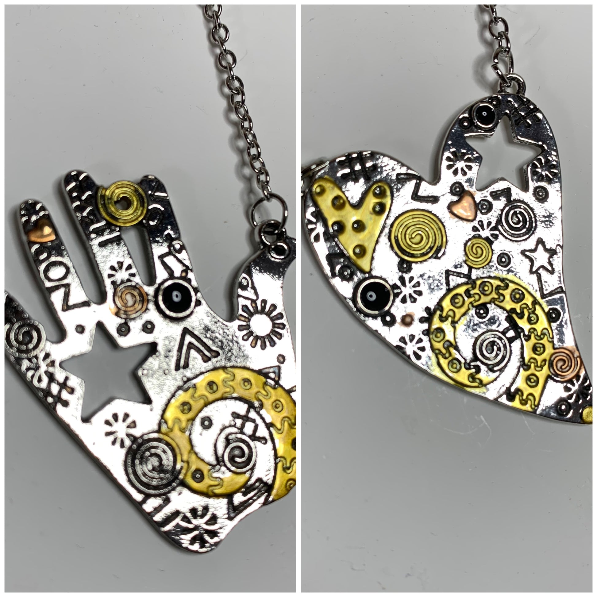 Unique Hand shape charm with designs and shapes engraved and heart charm with unique shapes and engraved. they are silver and gold. Both come with an attached necklace.