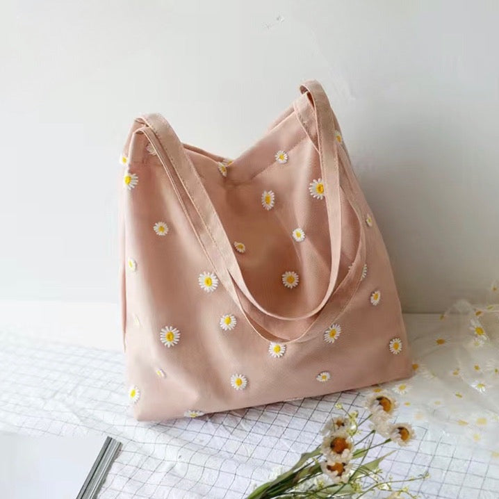 Handbag | Canvas Tote | Embroidered Daisies | 100% Cotton | Purse