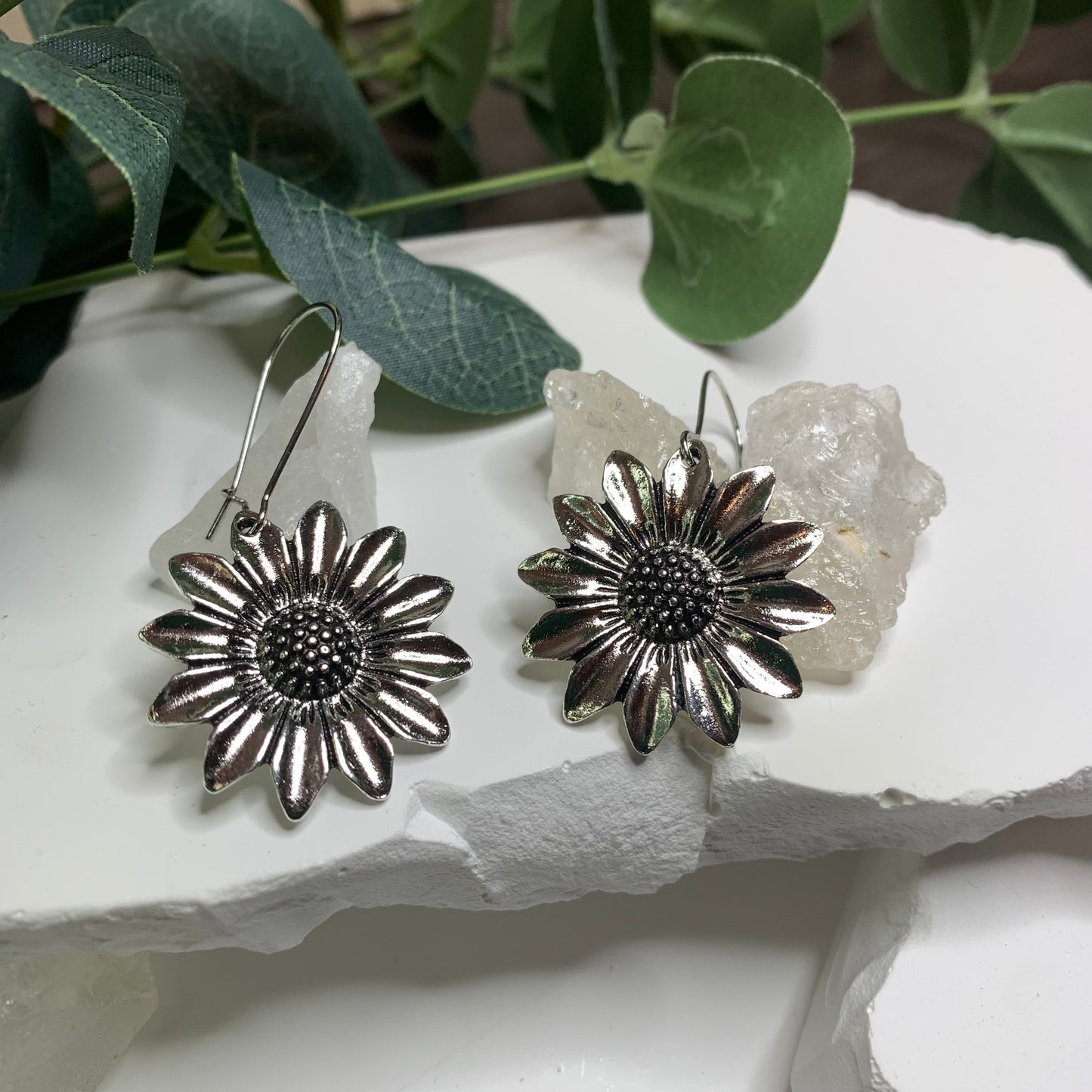 Earrings | Silver Daisy Sunflower Boho Inspired Flower Earrings | Quality Costume Jewelry