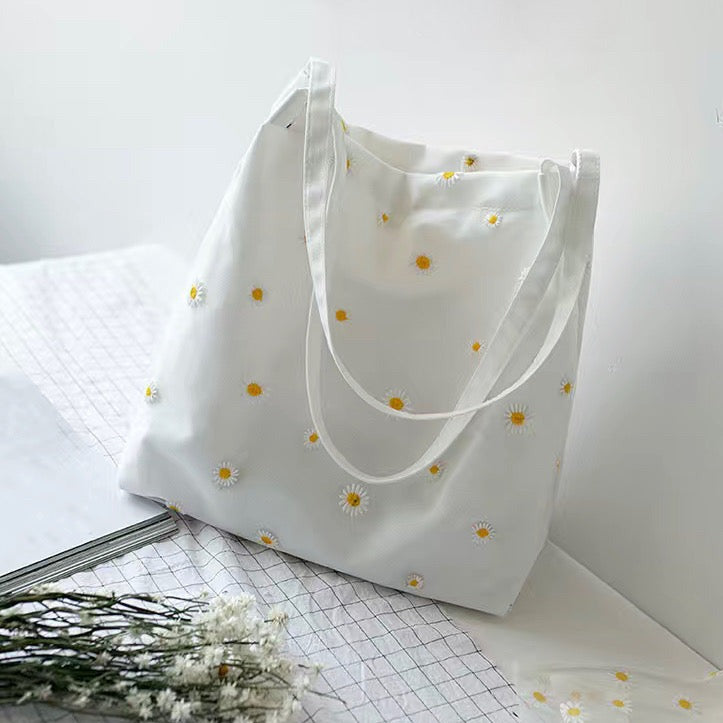 Handbag | Canvas Tote | Embroidered Daisies | 100% Cotton | Purse