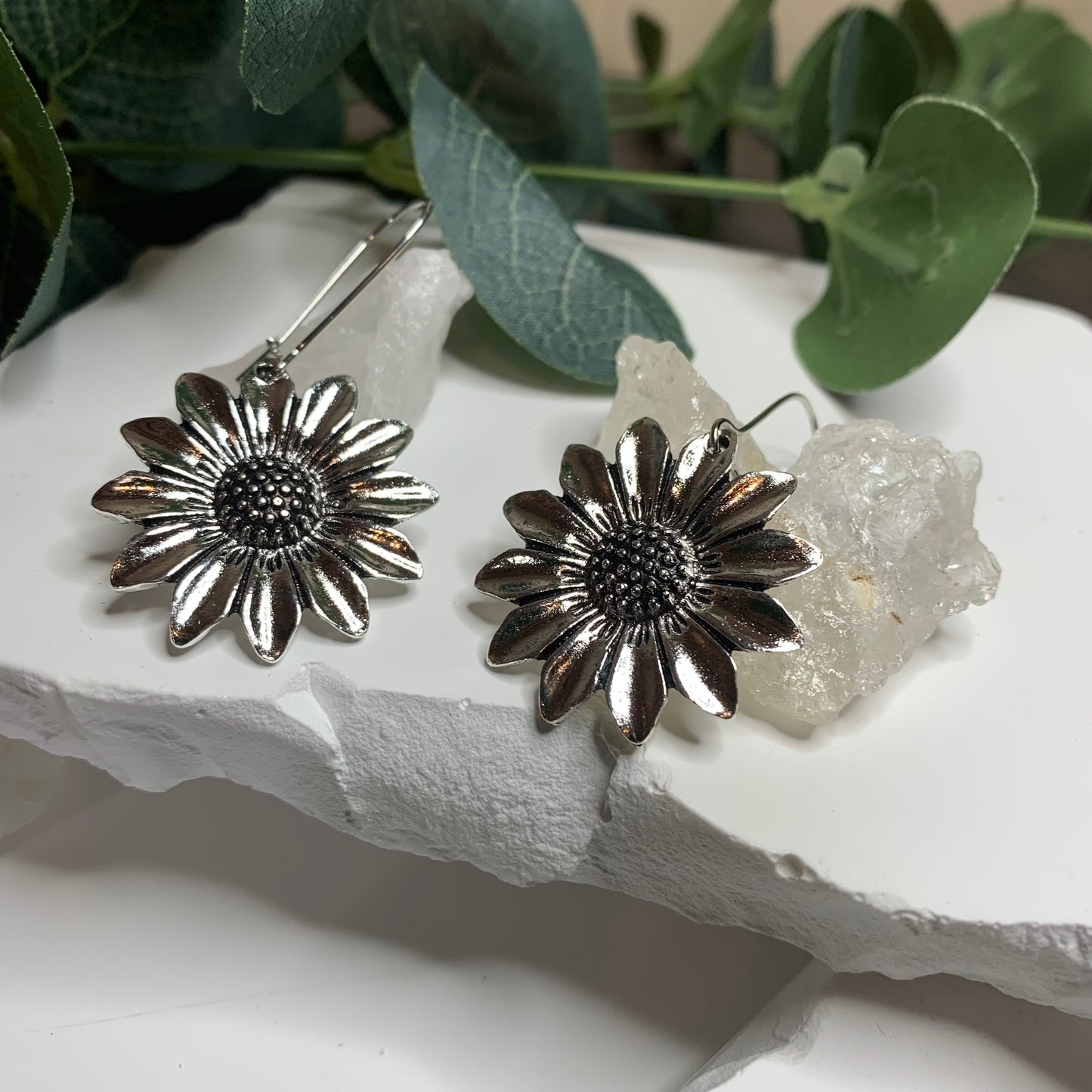 Earrings | Silver Daisy Sunflower Boho Inspired Flower Earrings | Quality Costume Jewelry