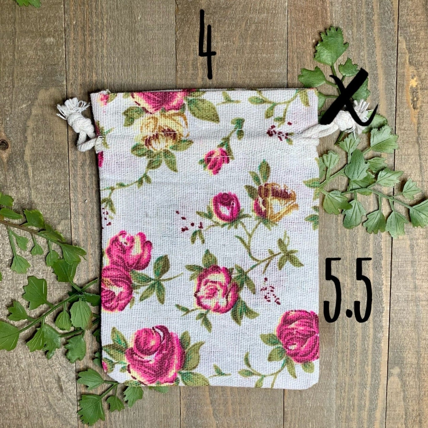 Gift Bags Rose Print Set of 4 | Size 4X5.5 Burlap Drawstring Bags | Party Supplies