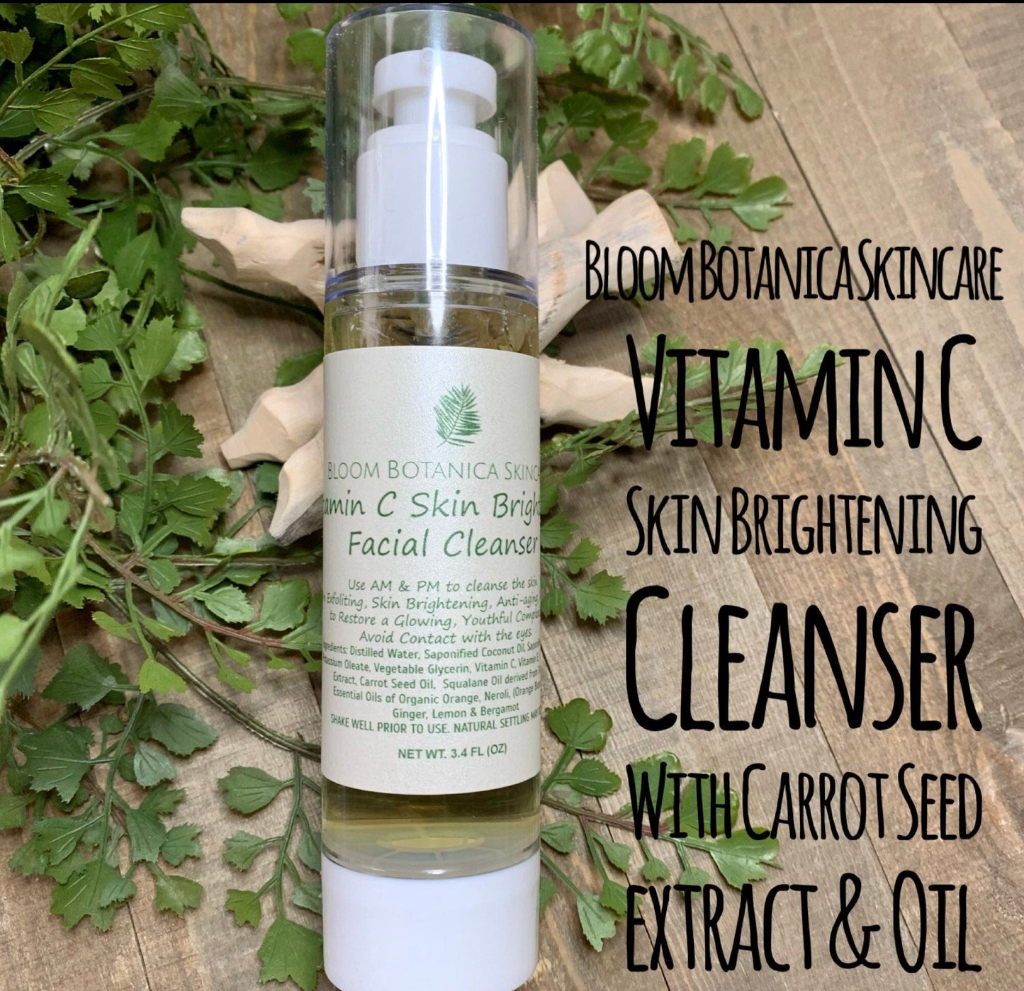 Vitamin C Skin Brightening Facial Cleanser with carrot seed extract and oil. Comes in a 3.4 ounce airless pump reusable, recyclable container.